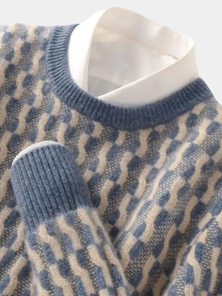 100% Wełniany Geometriczny Sweter z Okrągłym Dekoltem