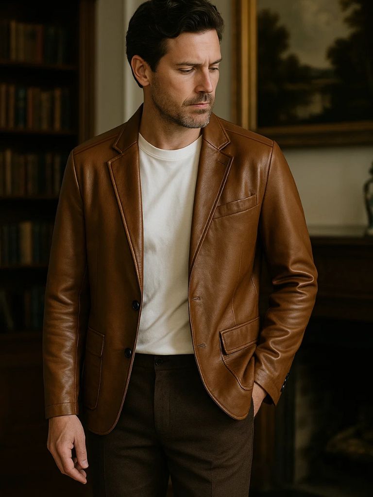 Bold Leather Jacket in Caramel Colour