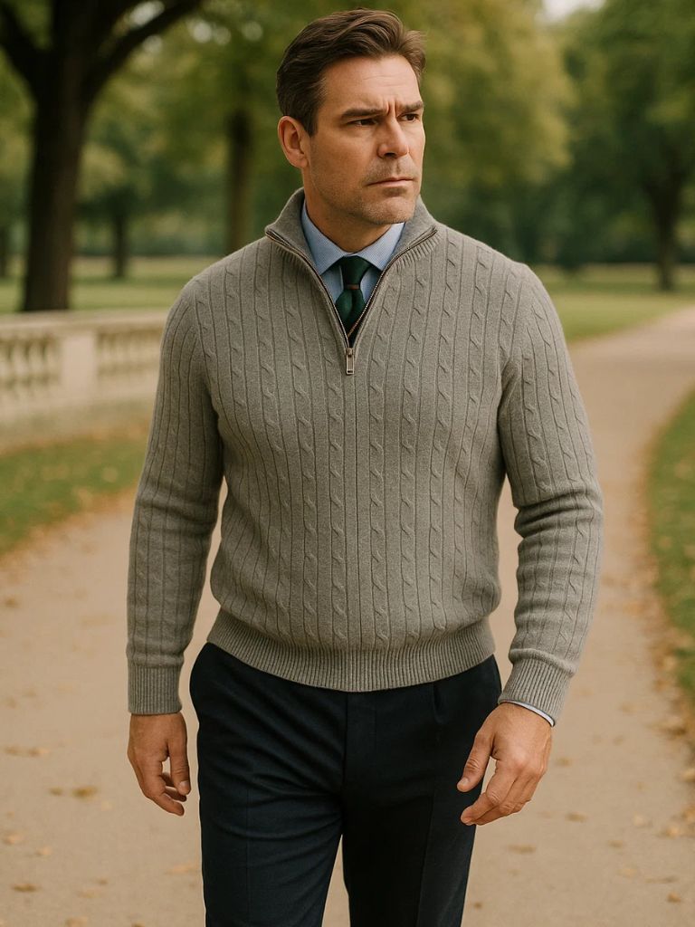Sweter z dzianiny warkoczowej z zamkiem
