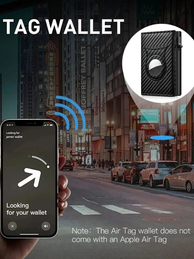 Portfel z włókna węglowego z uchwytem na Air Tag, z blokadą RFID