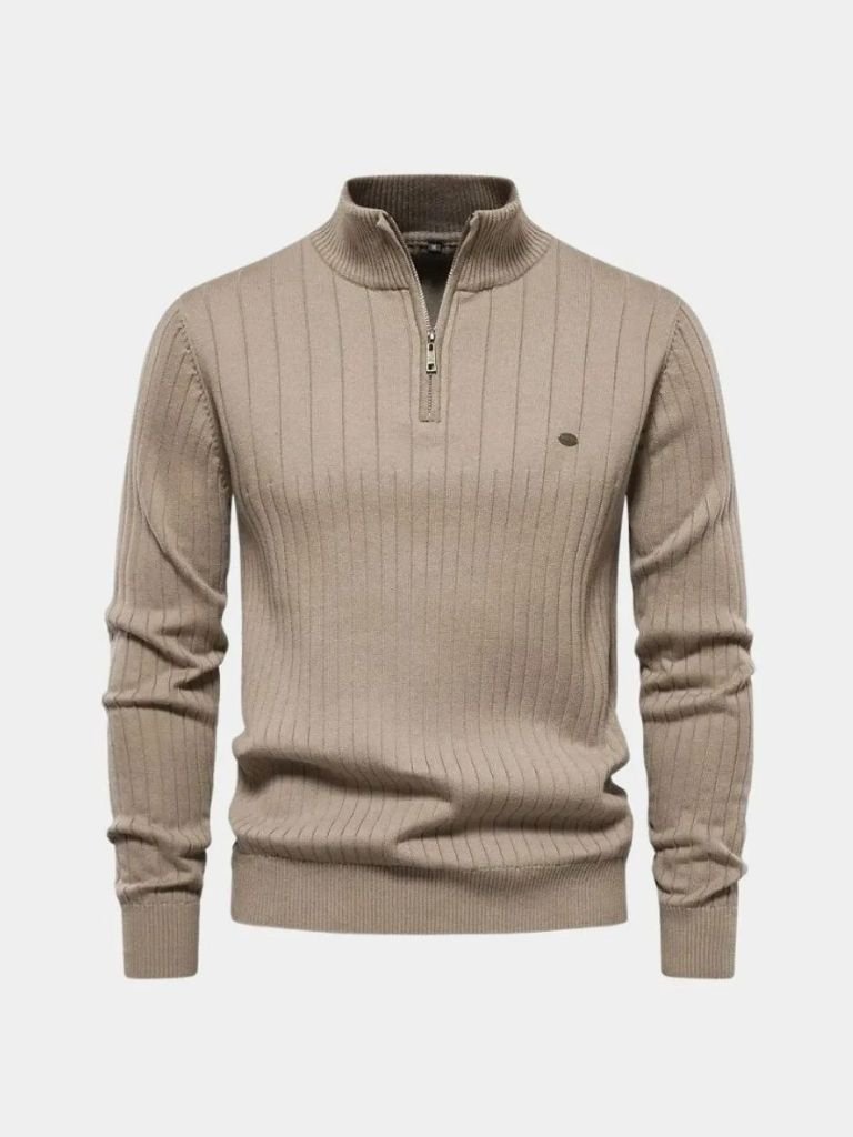 Cotton Knit Sweater with Vertical Stripes and Quarter Zip