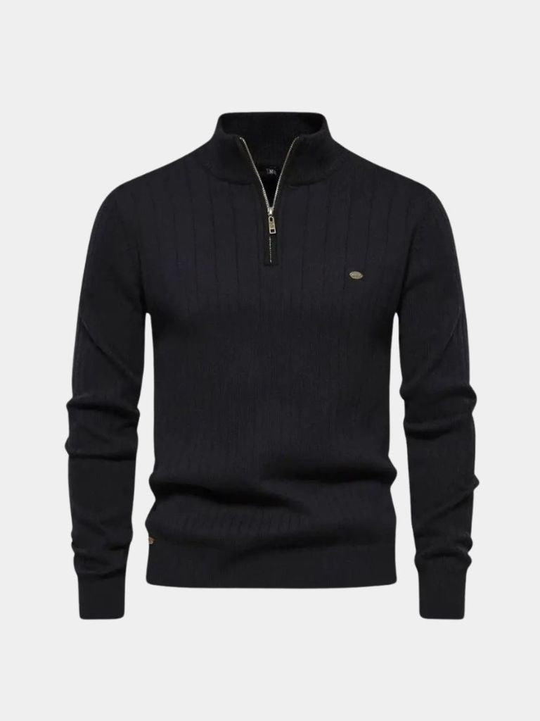 Cotton Knit Sweater with Vertical Stripes and Quarter Zip