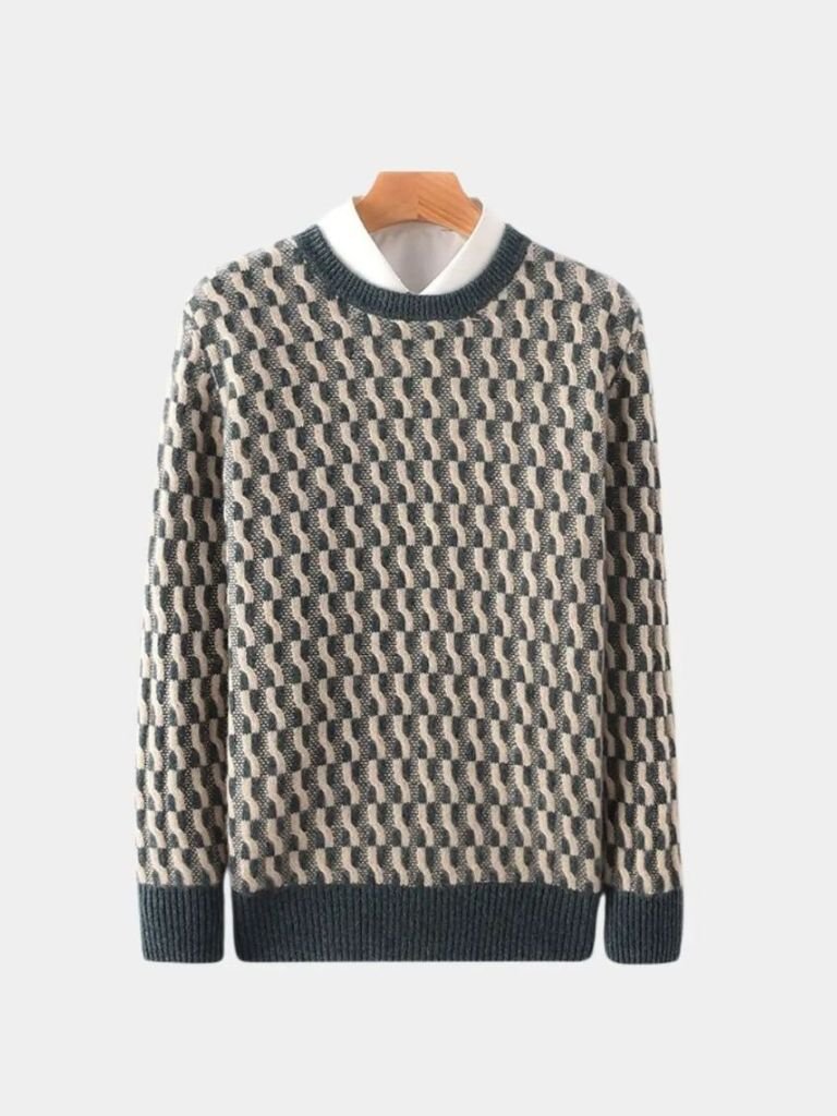 100% Wełniany Geometriczny Sweter z Okrągłym Dekoltem