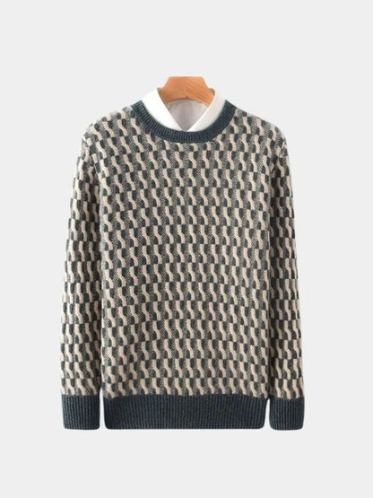 100% Wełniany Geometriczny Sweter z Okrągłym Dekoltem
