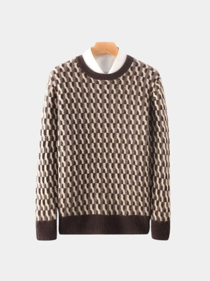 100% Wełniany Geometriczny Sweter z Okrągłym Dekoltem