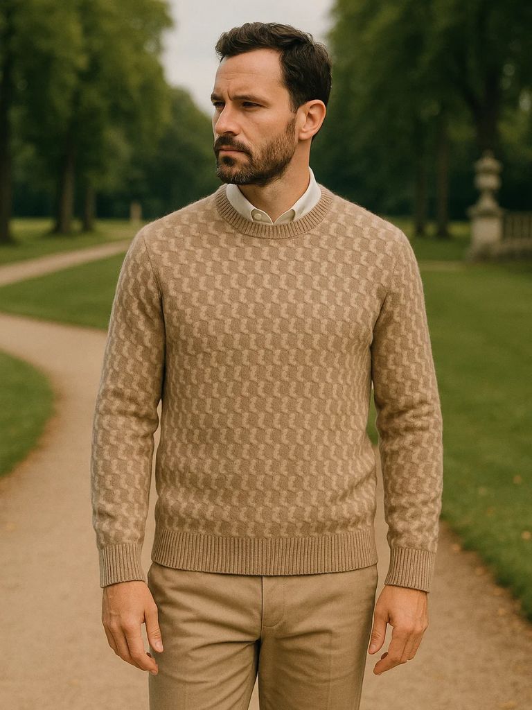 100% Wełniany Geometriczny Sweter z Okrągłym Dekoltem