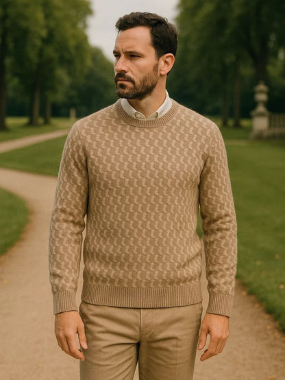 100% Wełniany Geometriczny Sweter z Okrągłym Dekoltem