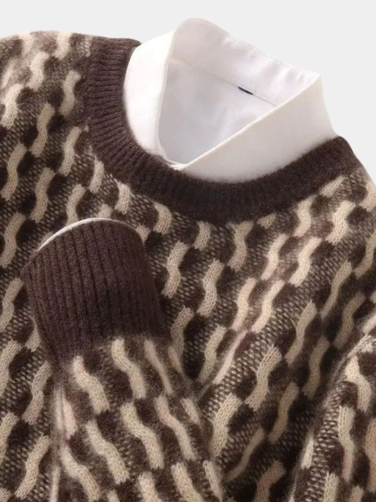 100% Wełniany Geometriczny Sweter z Okrągłym Dekoltem