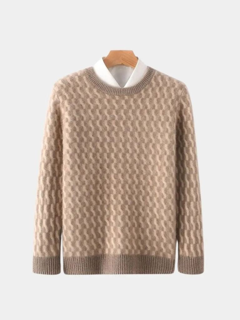 100% Wełniany Geometriczny Sweter z Okrągłym Dekoltem