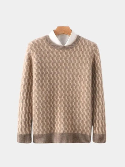 100% Wełniany Geometriczny Sweter z Okrągłym Dekoltem