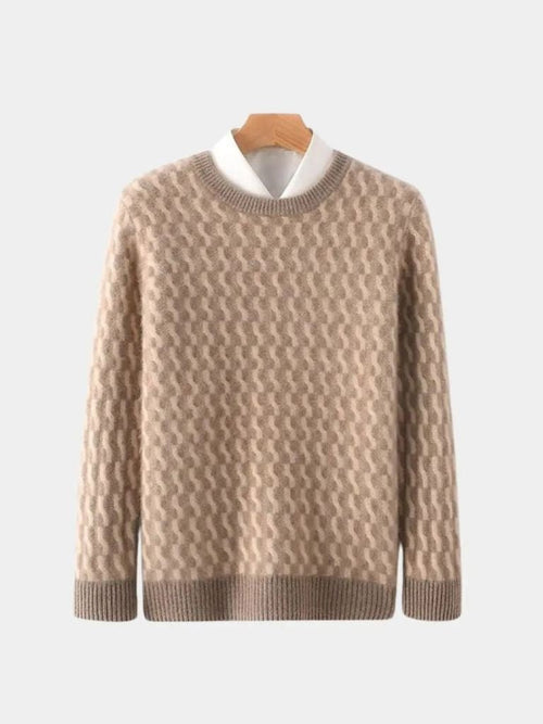 100% Wełniany Geometriczny Sweter z Okrągłym Dekoltem