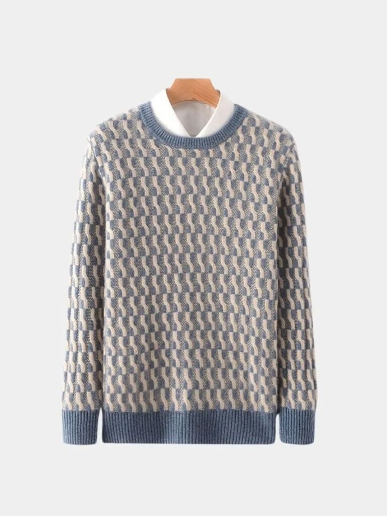 100% Wełniany Geometriczny Sweter z Okrągłym Dekoltem