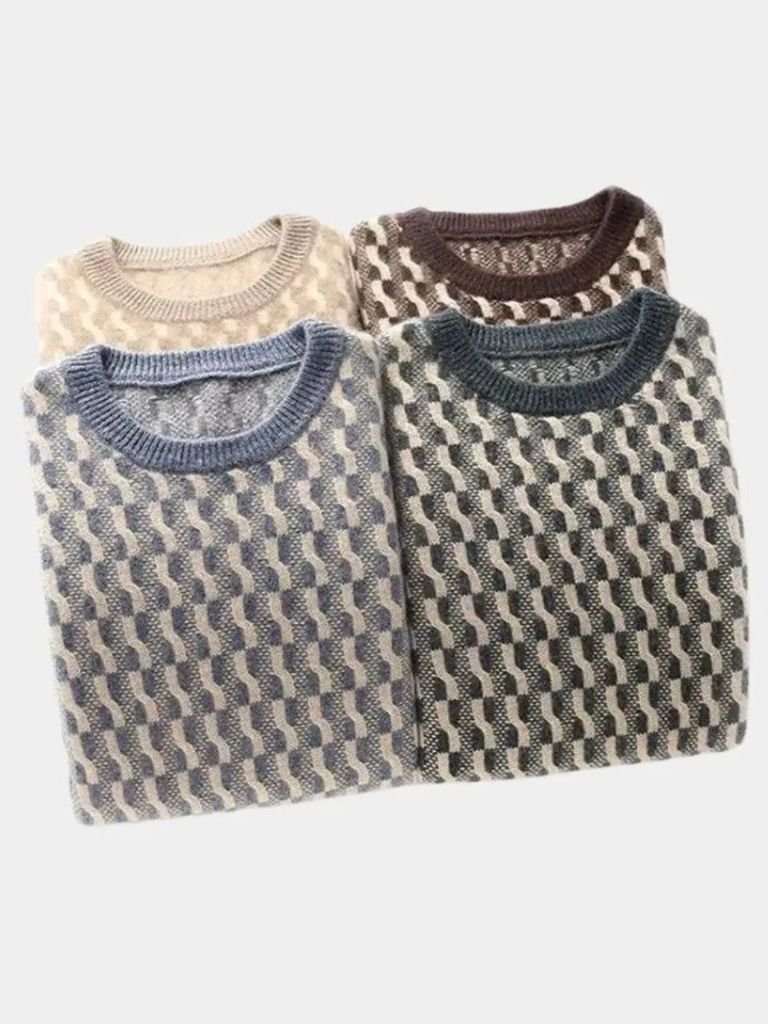 100% Wełniany Geometriczny Sweter z Okrągłym Dekoltem
