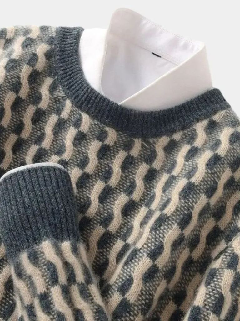100% Wełniany Geometriczny Sweter z Okrągłym Dekoltem