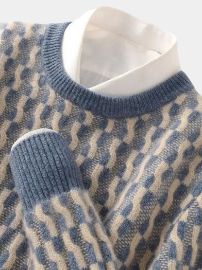 100% Wełniany Geometriczny Sweter z Okrągłym Dekoltem