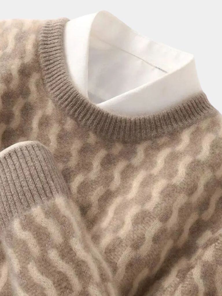 100% Wełniany Geometriczny Sweter z Okrągłym Dekoltem