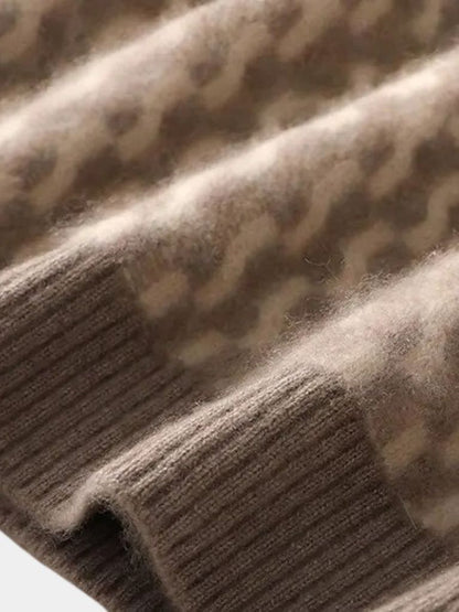 100% Wełniany Geometriczny Sweter z Okrągłym Dekoltem